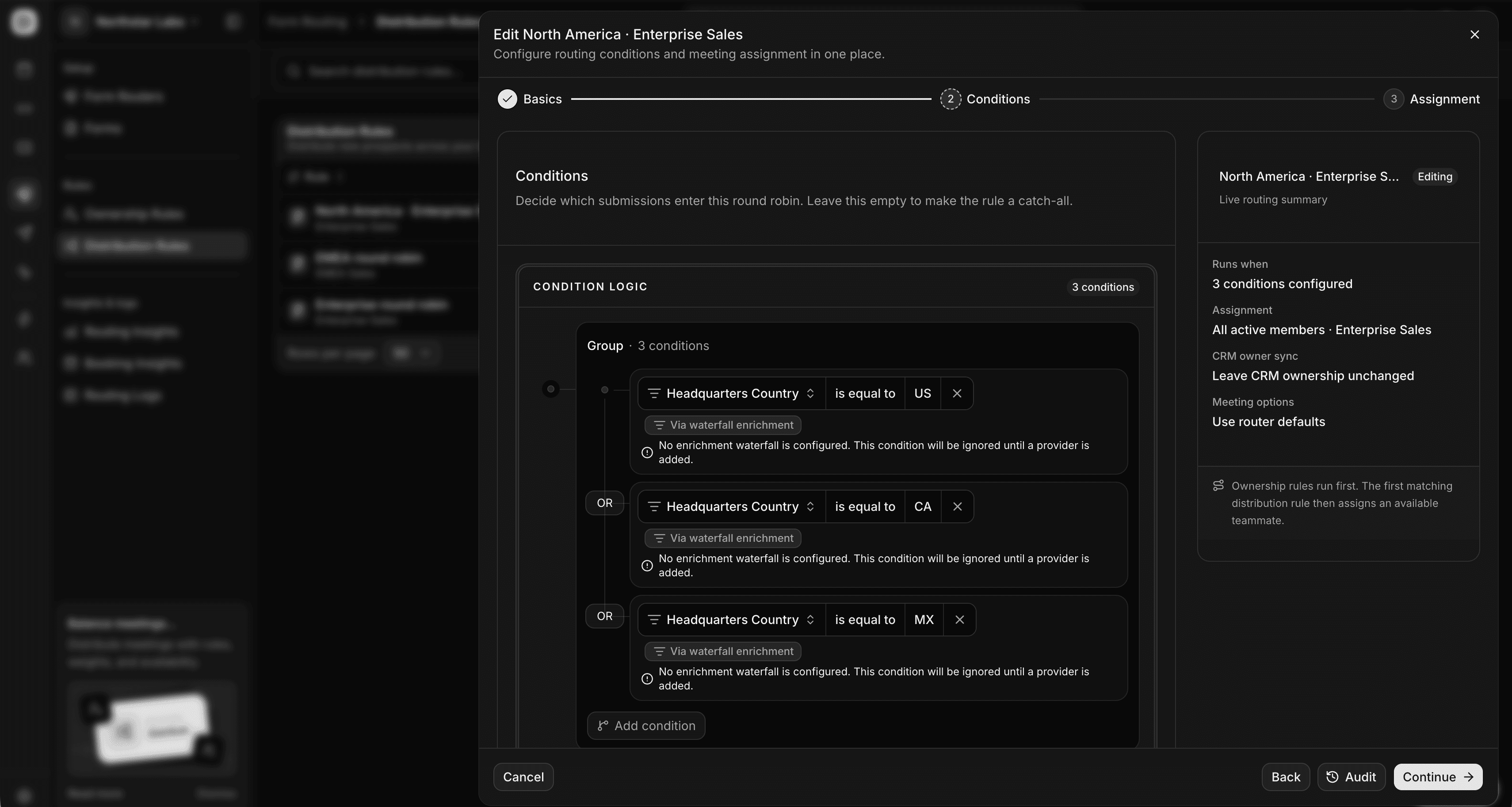 Distro routing rule editor with country conditions for the US, Canada, and Mexico and an Enterprise Sales assignment summary.